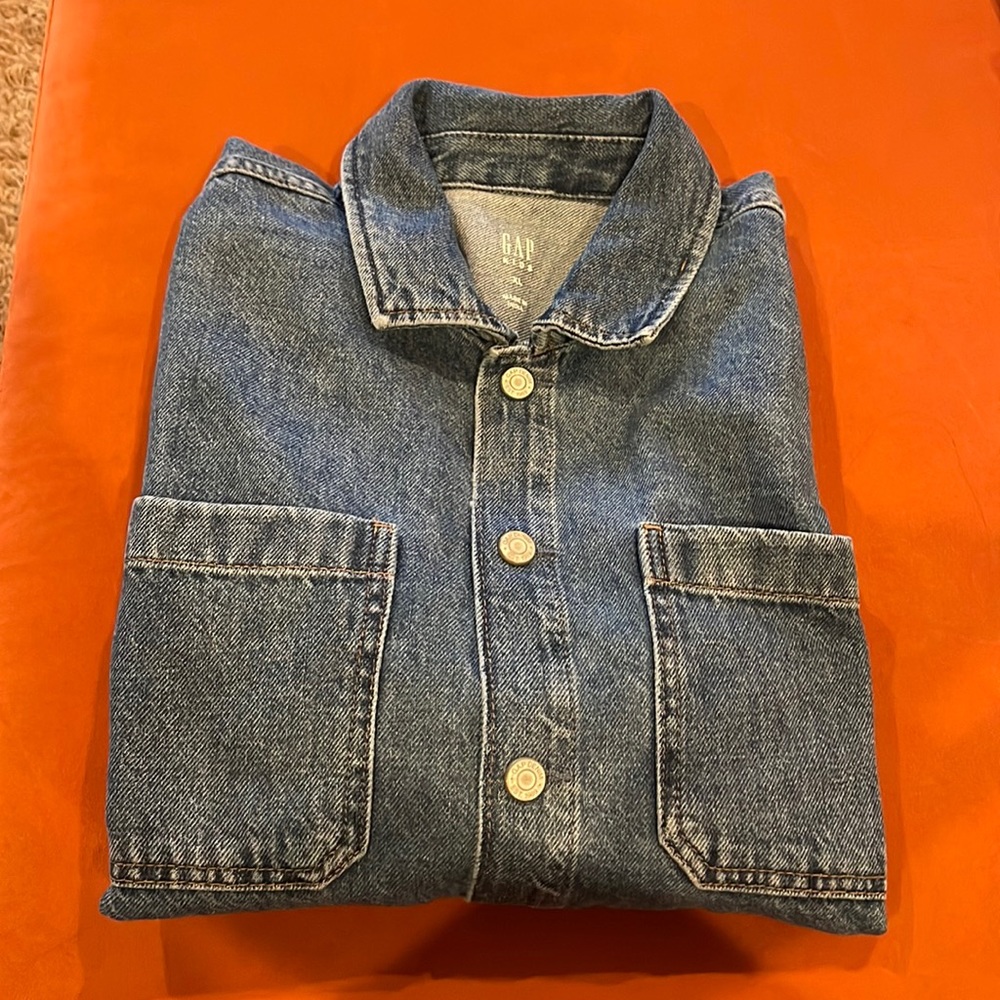 Denim youth long sleeve button up shirt.